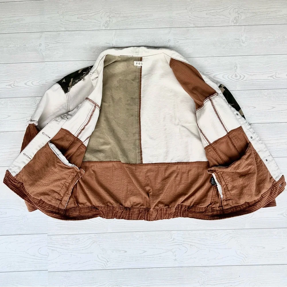 POL Women's Oversized Patchwork Corduroy Camo Y2K Jacket Inside Pockets Size S/M - Picture 9 of 16